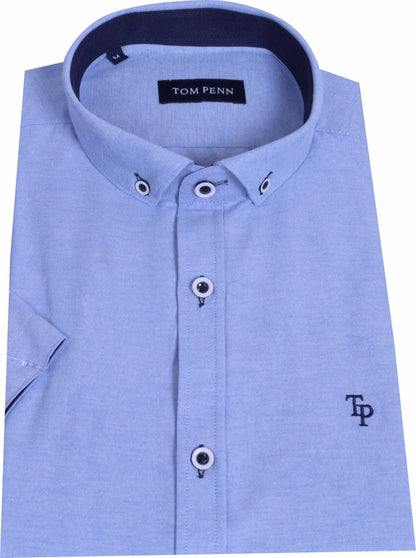 TP828 Blue Tom Penn Short Sleeve Oxford Shirt