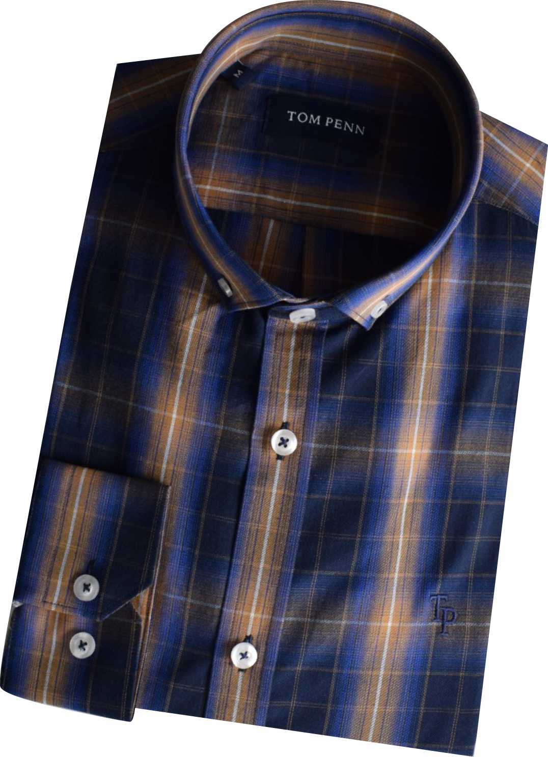 TP938 New Tom Penn Navy / Tan Check Shirt.