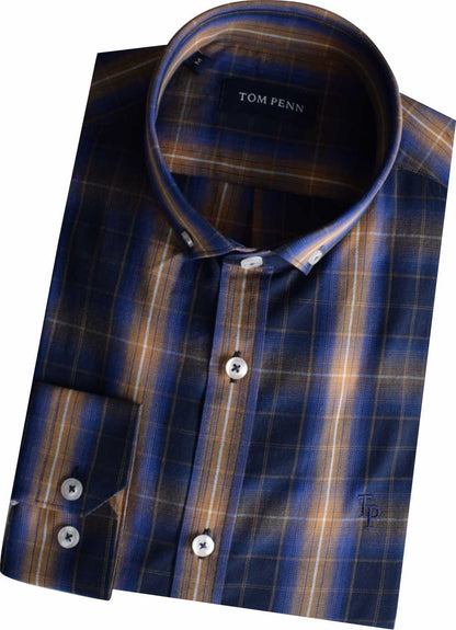 TP938 New Tom Penn Navy / Tan Check Shirt.