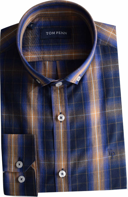 TP938 New Tom Penn Navy / Tan Check Shirt.